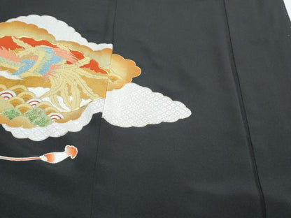 平和屋着物▼豪華黒留袖　駒刺繍　雲重ね鳳凰吉祥青海波　金彩　正絹　逸品　CABA6688th