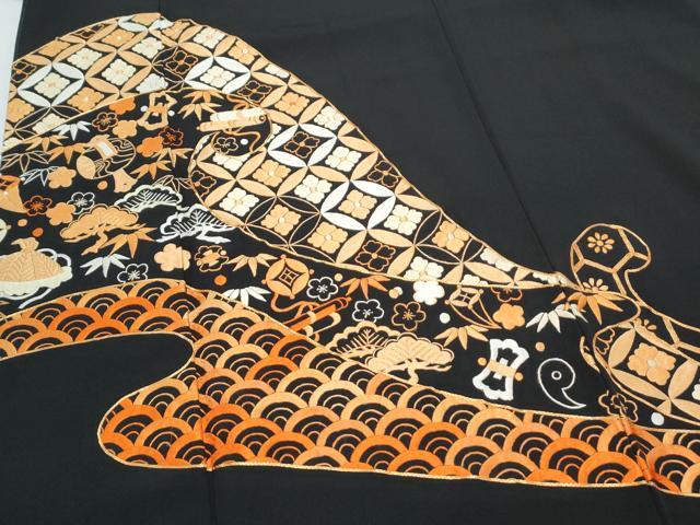 平和屋着物▽豪華黒留袖 総刺繍 駒刺繍 宝尽くし七宝文 正絹 逸品