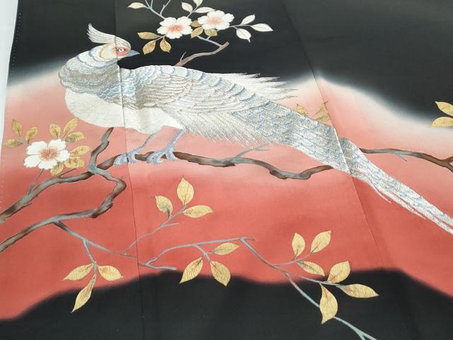 平和屋着物▼豪華黒留袖　刺繍　尾長鶏花文　暈し染め　金彩　正絹　逸品　CABA6764th