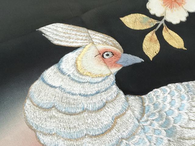 平和屋着物▼豪華黒留袖　刺繍　尾長鶏花文　暈し染め　金彩　正絹　逸品　CABA6764th