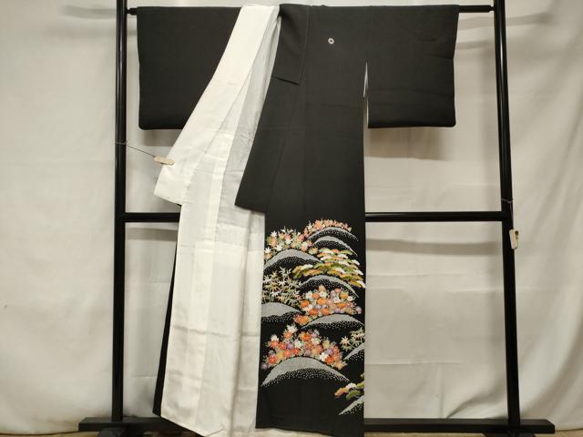 平和屋着物■豪華黒留袖 駒刺繍 遠山草花文 正絹 逸品 CABA6868ev