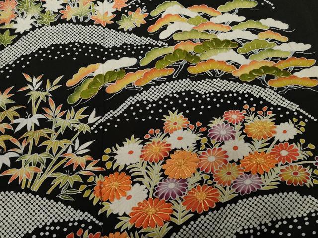 平和屋着物■豪華黒留袖 駒刺繍 遠山草花文 正絹 逸品 CABA6868ev