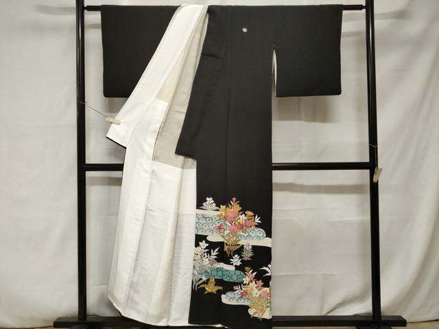 平和屋着物■豪華黒留袖 刺繍 エ霞草花文 金銀彩 正絹 逸品 CABA7012ev