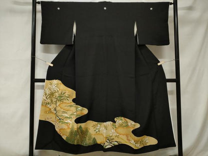 平和屋着物■豪華黒留袖　駒刺繍　枝葉文　金彩　正絹　逸品　CABA7076ev