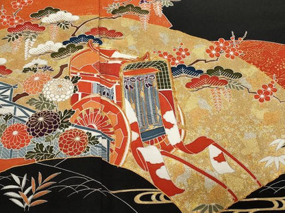 平和屋着物■豪華黒留袖 作家物 地紙重ね御所車花文 金彩 正絹 逸品 CABA7146ev