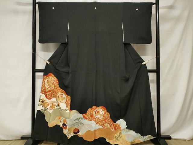 平和屋着物■豪華黒留袖 駒刺繍 道長飛鶴草花文 金彩 正絹 逸品 CABA7168ev