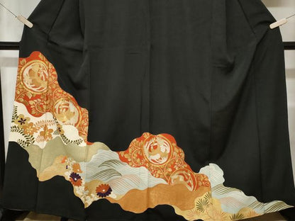 平和屋着物■豪華黒留袖 駒刺繍 道長飛鶴草花文 金彩 正絹 逸品 CABA7168ev
