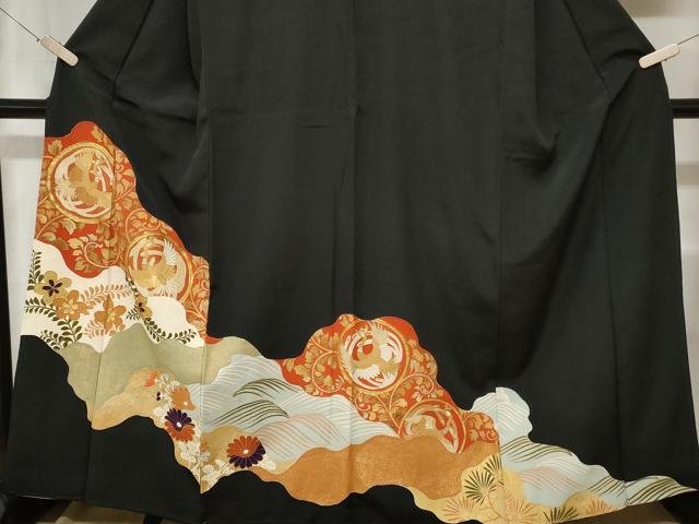 平和屋着物■豪華黒留袖 駒刺繍 道長飛鶴草花文 金彩 正絹 逸品 CABA7168ev