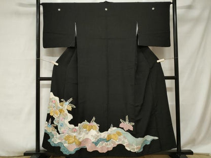 平和屋着物■豪華黒留袖 刺繍 道長桐草花文 金銀彩 正絹 逸品 CABA7207ev