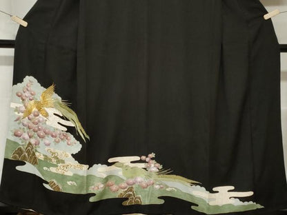 平和屋着物■豪華黒留袖 刺繍 尾長鳥花文 金銀彩 正絹 逸品 CABA7210ev