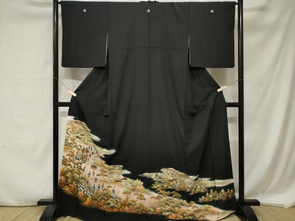平和屋着物■豪華黒留袖 駒刺繍 人物御所車文 暈し染め 金彩 正絹 逸品 CABA7315ev