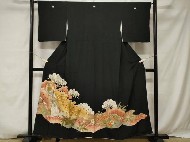 平和屋着物■豪華黒留袖 刺繍 孔雀笹松葉文 暈し染め 金彩 正絹 逸品 CABA7380ev