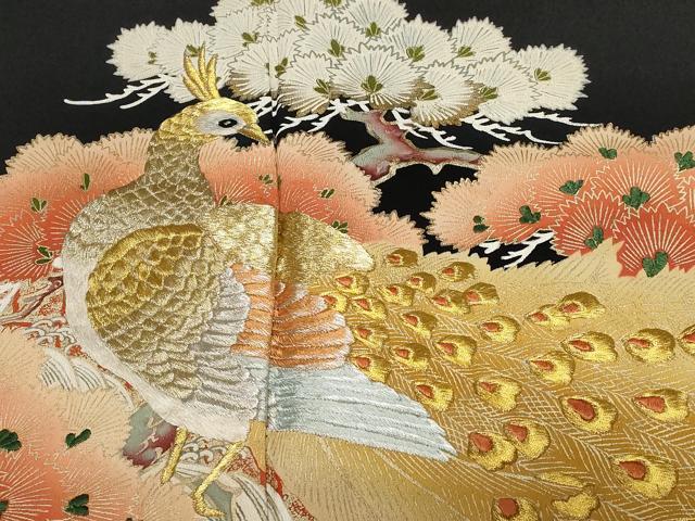 平和屋着物■豪華黒留袖 刺繍 孔雀笹松葉文 暈し染め 金彩 正絹 逸品 CABA7380ev