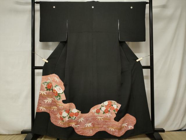 平和屋着物■豪華黒留袖　刺繍　地紙流水草花文　金彩　正絹　逸品　CABA7487ev