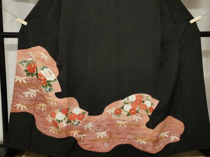 平和屋着物■豪華黒留袖　刺繍　地紙流水草花文　金彩　正絹　逸品　CABA7487ev