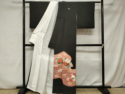 平和屋着物■豪華黒留袖　刺繍　地紙流水草花文　金彩　正絹　逸品　CABA7487ev