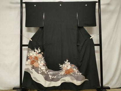 平和屋着物■豪華黒留袖　刺繍　扇面草花文　金銀彩　正絹　逸品　CABA7534ev