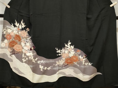平和屋着物■豪華黒留袖　刺繍　扇面草花文　金銀彩　正絹　逸品　CABA7534ev