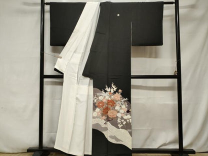 平和屋着物■豪華黒留袖　刺繍　扇面草花文　金銀彩　正絹　逸品　CABA7534ev