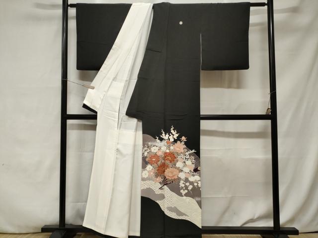 平和屋着物■豪華黒留袖　刺繍　扇面草花文　金銀彩　正絹　逸品　CABA7534ev