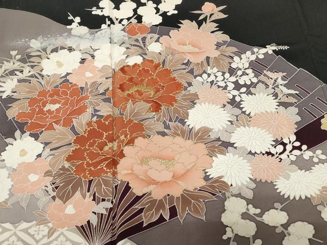 平和屋着物■豪華黒留袖　刺繍　扇面草花文　金銀彩　正絹　逸品　CABA7534ev