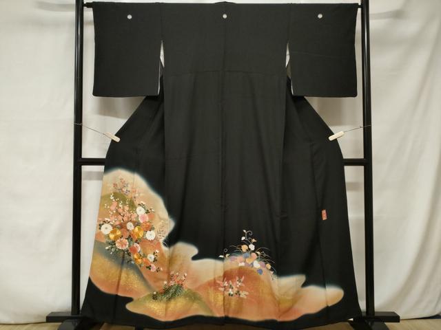 平和屋着物■豪華黒留袖　駒刺繍　優夢絹　遠山枝花文　暈し染め　金彩　正絹　逸品　CABA7540ev