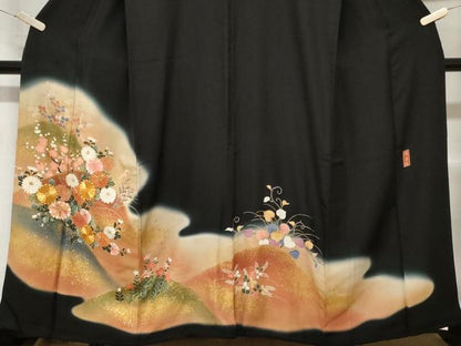 平和屋着物■豪華黒留袖　駒刺繍　優夢絹　遠山枝花文　暈し染め　金彩　正絹　逸品　CABA7540ev