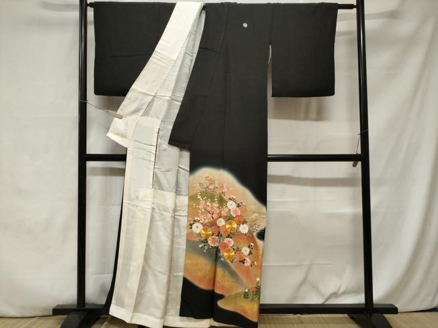 平和屋着物■豪華黒留袖　駒刺繍　優夢絹　遠山枝花文　暈し染め　金彩　正絹　逸品　CABA7540ev