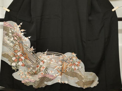 平和屋着物■豪華黒留袖 御所車枝花文 金彩 正絹 逸品 CABA7541ev