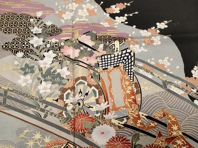 平和屋着物■豪華黒留袖 御所車枝花文 金彩 正絹 逸品 CABA7541ev