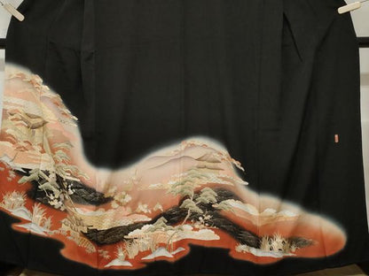 平和屋着物■豪華黒留袖　駒刺繍　萬寿染　御所解文　暈し染め　金彩　正絹　逸品　CABA7546ev