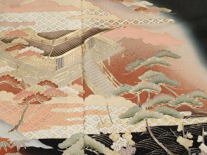 平和屋着物■豪華黒留袖　駒刺繍　萬寿染　御所解文　暈し染め　金彩　正絹　逸品　CABA7546ev