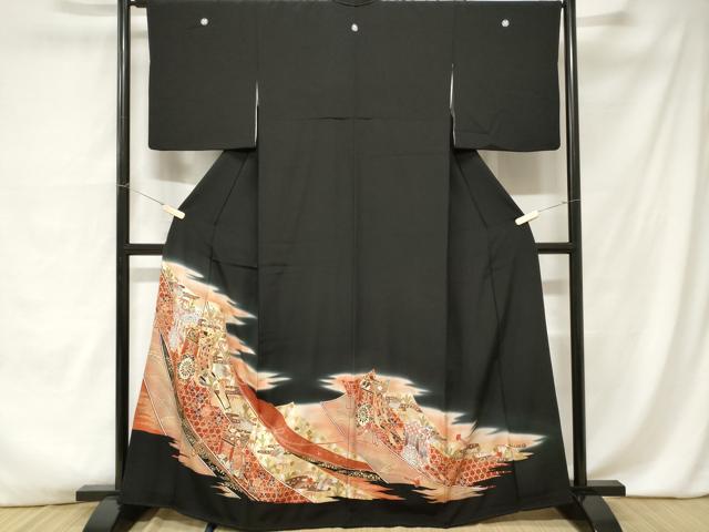 平和屋着物■豪華黒留袖 駒刺繍 熨斗御所車花文 暈し染め 金銀彩 正絹 逸品 CABA7589ev