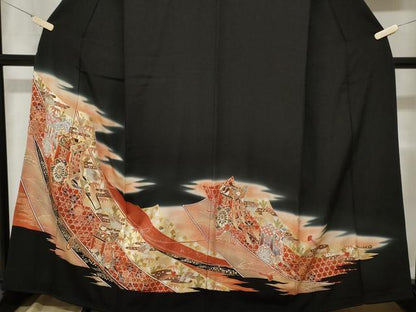 平和屋着物■豪華黒留袖 駒刺繍 熨斗御所車花文 暈し染め 金銀彩 正絹 逸品 CABA7589ev