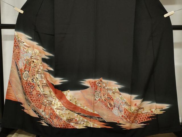 平和屋着物■豪華黒留袖 駒刺繍 熨斗御所車花文 暈し染め 金銀彩 正絹 逸品 CABA7589ev