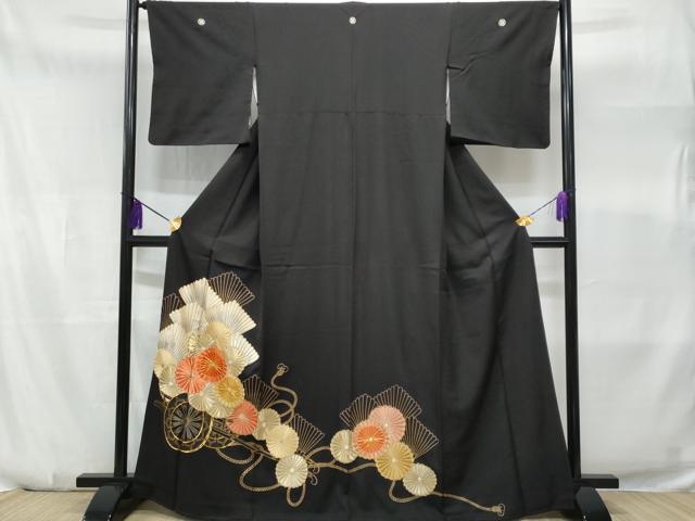 平和屋着物■豪華黒留袖　駒刺繍　花車文　菊　正絹　逸品　CABA7870fb