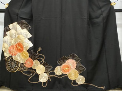 平和屋着物■豪華黒留袖　駒刺繍　花車文　菊　正絹　逸品　CABA7870fb
