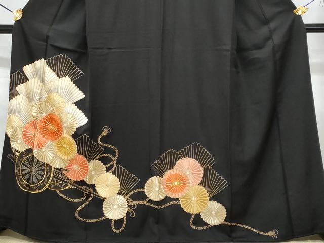 平和屋着物■豪華黒留袖　駒刺繍　花車文　菊　正絹　逸品　CABA7870fb