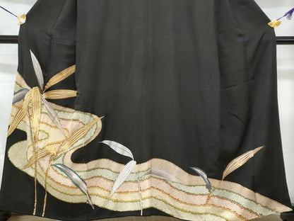 平和屋着物■豪華黒留袖　刺繍　流水枝葉文　正絹　逸品　CABA7872fb