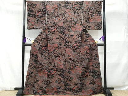 平和屋着物■上質な小紋　流水地紙重ね花文　黒地　鬼しぼ縮緬　正絹　逸品　CABA7904fb