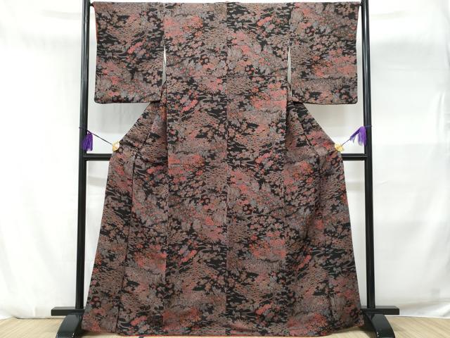 平和屋着物■上質な小紋　流水地紙重ね花文　黒地　鬼しぼ縮緬　正絹　逸品　CABA7904fb