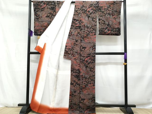 平和屋着物■上質な小紋　流水地紙重ね花文　黒地　鬼しぼ縮緬　正絹　逸品　CABA7904fb