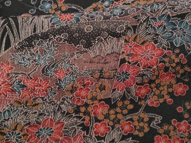 平和屋着物■上質な小紋　流水地紙重ね花文　黒地　鬼しぼ縮緬　正絹　逸品　CABA7904fb