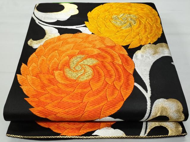 平和屋着物◎六通柄袋帯 唐織 菊 黒地 金銀糸 正絹 逸品 CABA7939fb