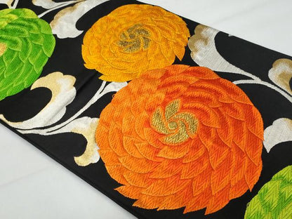 平和屋着物◎六通柄袋帯 唐織 菊 黒地 金銀糸 正絹 逸品 CABA7939fb