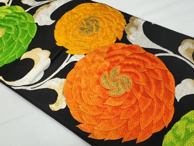 平和屋着物◎六通柄袋帯 唐織 菊 黒地 金銀糸 正絹 逸品 CABA7939fb