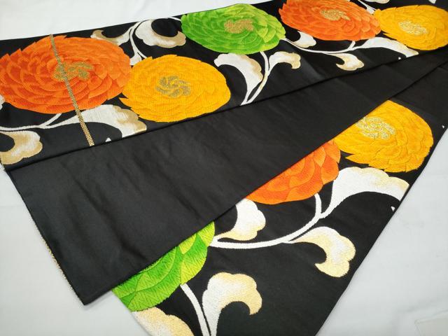 平和屋着物◎六通柄袋帯 唐織 菊 黒地 金銀糸 正絹 逸品 CABA7939fb