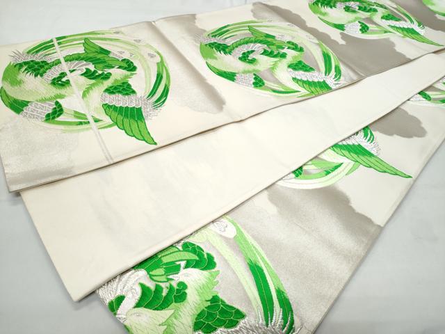 平和屋着物◎六通柄袋帯 鳳凰圓文 銀糸 正絹 逸品 CABA7948fb