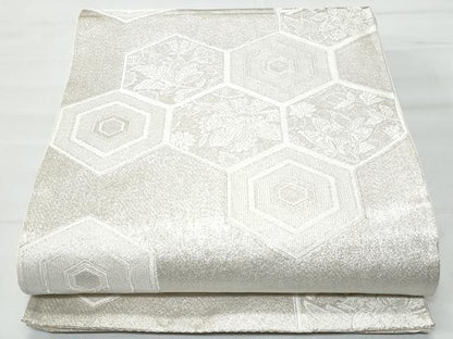 平和屋着物◎全通柄袋帯 亀甲枝花文 銀糸 正絹 逸品 CABA7952fb