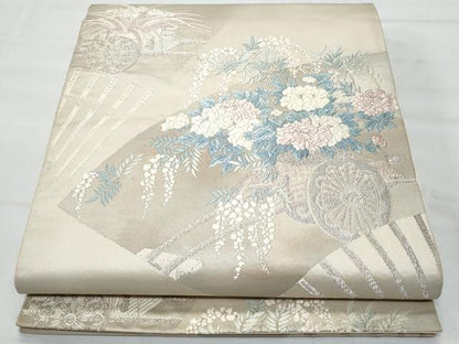 平和屋着物◎六通柄袋帯 扇面花車文 銀糸 正絹 逸品 CABA7953fb